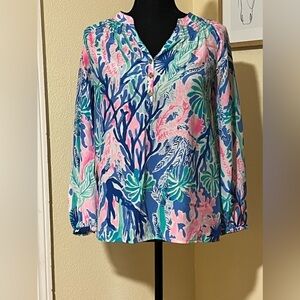 LILLY PULITZER WOMENS XXS MULTICOLORED FLORAL LONG SLEEVE XXS  SILK ELSA BLOUSE